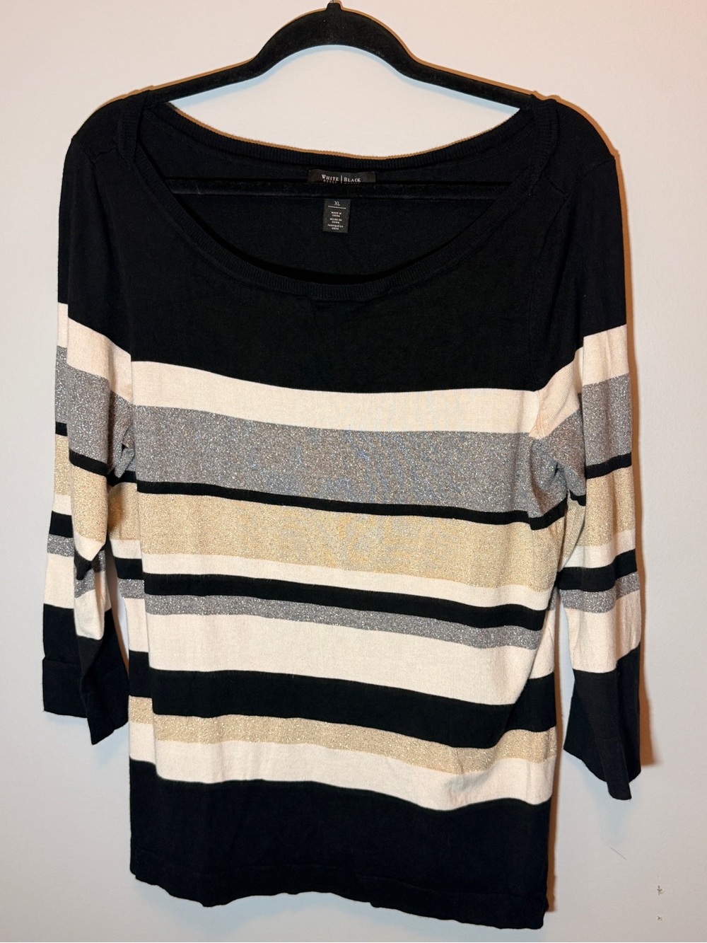White House Black Market Black Striped Metallic Boatneck Sweater